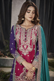 Punjabi Style Rani Color Embroidered Readymade Palazzo Suit In Chinon Fabric.