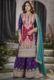 Punjabi Style Rani Color Embroidered Readymade Palazzo Suit In Chinon Fabric.