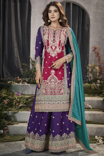 Punjabi Style Rani Color Embroidered Readymade Palazzo Suit In Chinon Fabric.