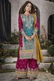 Cyan Color Embroidered Readymade Punjabi Style Palazzo Suit In Chinon Fabric.