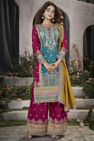 Cyan Color Embroidered Readymade Punjabi Style Palazzo Suit In Chinon Fabric.