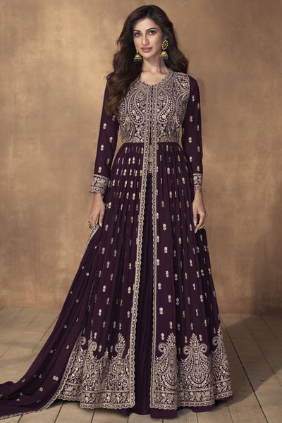 Wine Color Embroidered Readymade Long Sharara Top Lehenga In Georgette Fabric.