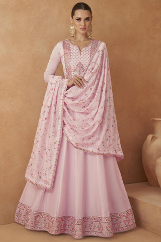 Georgette Fabric Pink Color Embroidered Readymade Long Anarkali Style Gown With Dupatta.
