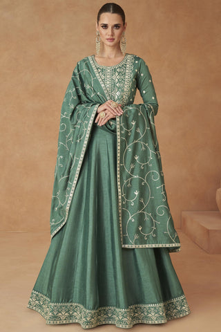 Green Color Georgette Fabric Embroidered Readymade Long Anarkali Style Gown With Dupatta.