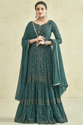 Sangeet Wear Embroidered Readymade Long Anarkali Style Gown In Georgette Fabric Green Color.