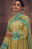 Yellow Muslin Fabric Embroidered Party Wear Palazzo Salwar Kameez.