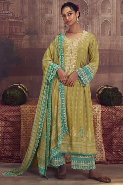 Yellow Muslin Fabric Embroidered Party Wear Palazzo Salwar Kameez.