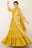 Chinon Silk Fabric Reception Wear Embroidered Readymade Long Anarkali Style Gown In Yellow Color.