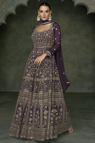 Purple Color Georgette Fabric Embroidered Readymade Long Anarkali Style Gown With Dupatta.