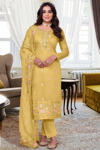 Ginni Kapoor Viscose Silk Festive Wear Elegant Salwar Suit In Yellow Color.