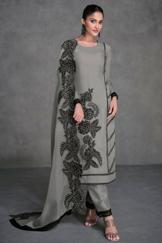 Sushrii Mishraa Charming Grey Color Organza Fabric Readymade Salwar Suit.