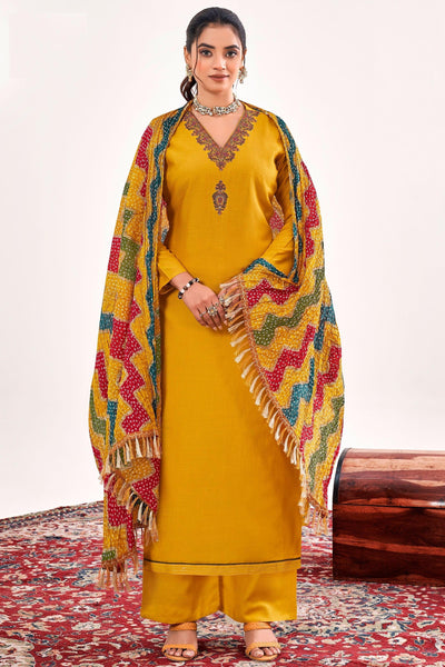 Yellow Color Rayon Fabric Casual Tempting Salwar Suit.