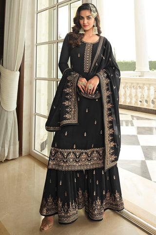 Beguiling Embroidered Work On Black Color Georgette Fabric Palazzo Suit - women's fashion mart