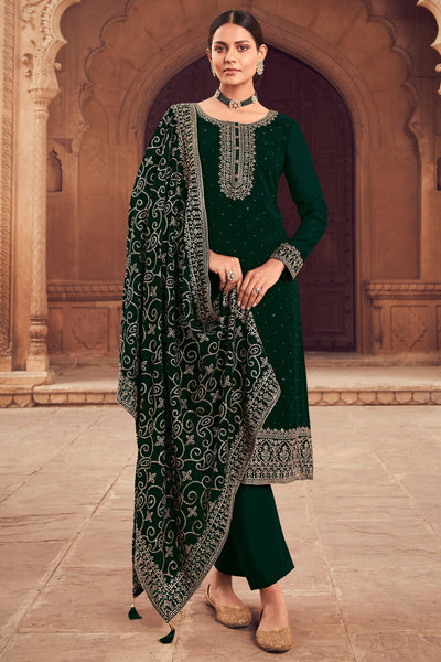 Dark Green Color Festive Wear Embroidered Palazzo Salwar Suit In Georgette Fabric.