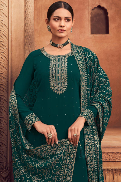 Embroidered Festive Wear Palazzo Salwar Kameez In Georgette Fabric Teal Color.