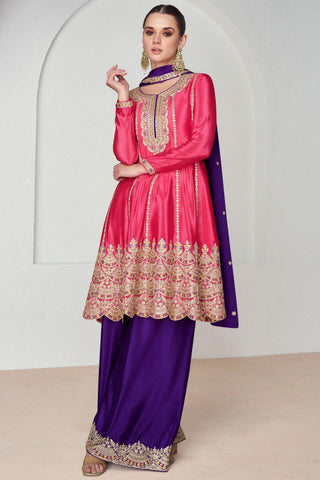 Eugeniya Belousova Function Special Pink Color Chinon Fabric Readymade Palazzo Suit.