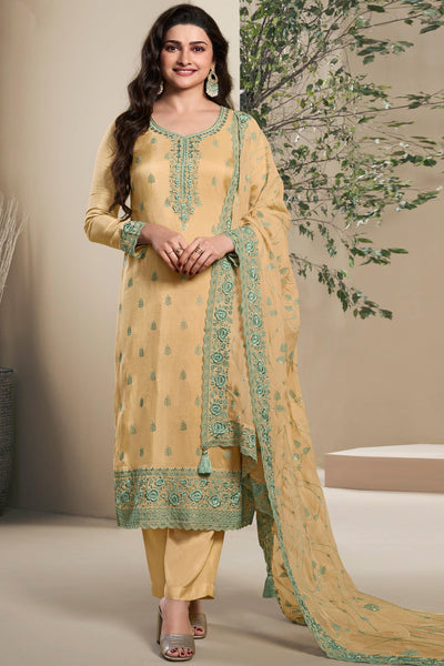 Prachi Desai Art Silk Fabric Cream Color Supreme Embroidered Salwar Suit - women's fashion mart