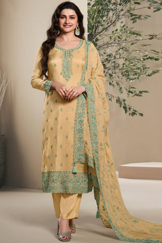 Prachi Desai Art Silk Fabric Cream Color Supreme Embroidered Salwar Suit - women's fashion mart