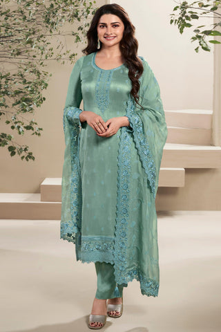 Prachi Desai Alluring Art Silk Fabric Sea Green Color Embroidered Salwar Suit - women's fashion mart