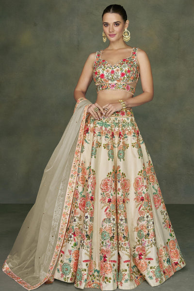 Beige Color Silk Fabric Embroidered Readymade 3 Piece Lehenga Choli.