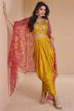 Persian Mustard Color Satin Silk Fabric Readymade Indo Western Dhoti Suit With Shrug.