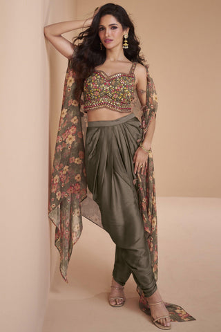 Satin Silk Fabric Soft Dark Beige Color Readymade Indo Western Dhoti Suit With Shrug.