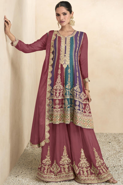 Chinon Fabric Embroidered Maroon Color Readymade Pakistani Palazzo Suit.