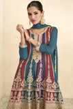 Embroidered Chinon Fabric Readymade Pakistani Palazzo Suit In Teal Color.