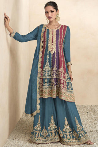 Embroidered Chinon Fabric Readymade Pakistani Palazzo Suit In Teal Color.