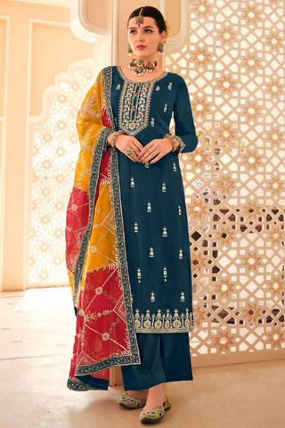 Dazzling Chinon Fabric Teal Color Embroidered Salwar Suit.