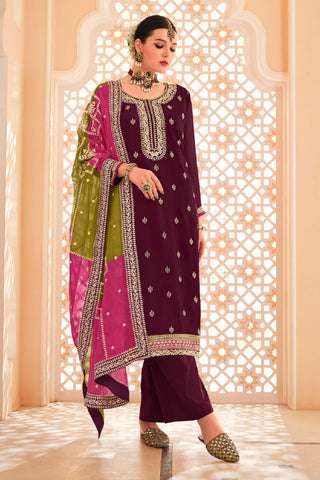 Radiant Maroon Color Chinon Fabric Embroidered Salwar Suit.