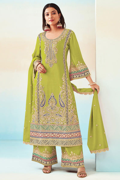 Function Wear Sea Green Color Fabulous Palazzo Suit In Chinon Fabric - women's fashion mart