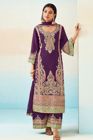 Chinon Fabric Wine Color Function Wear Elegant Palazzo Suit - women's fashion mart