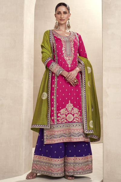 Art Silk Fabric Wedding Wear Rani Embroidered Readymade Palazzo Suit.