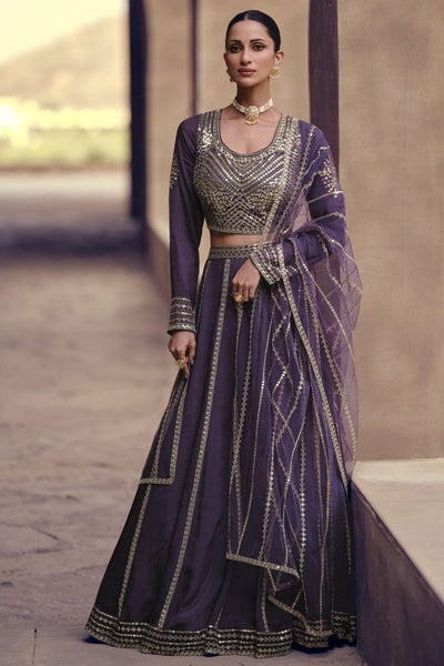 Chinon Silk Fabric Fancy Embroidered Readymade Purple Lehenga Choli.