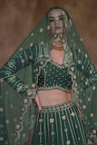 Dark Green Color Readymade Embroidered Lehenga Choli In Chinon Silk Fabric.