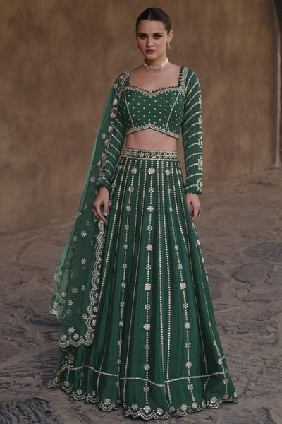 Dark Green Color Readymade Embroidered Lehenga Choli In Chinon Silk Fabric.