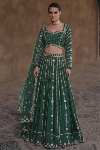Dark Green Color Readymade Embroidered Lehenga Choli In Chinon Silk Fabric.
