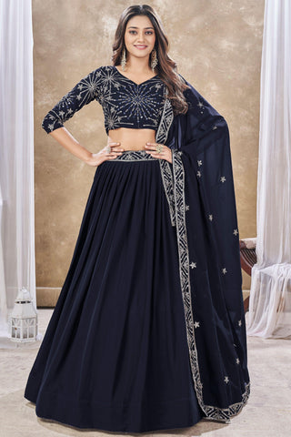 Creative Sequins Work On Navy Blue Color Georgette Fabric Lehenga - women's fashion mart