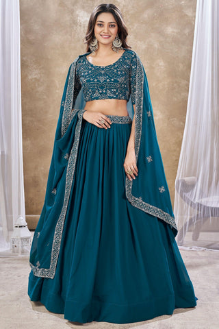 Beguiling Sequins Work On Teal Color Georgette Fabric Lehenga - women's fashion mart