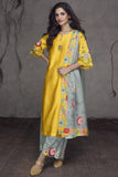 Art Silk Fabric Embroidered Readymade Palazzo Salwar Kameez In Yellow Color.
