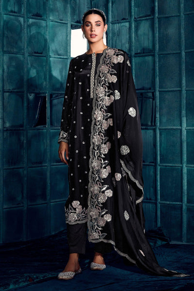 Art Silk Fabric Party Style Beatific Embroidered Salwar Suit In Black Color.