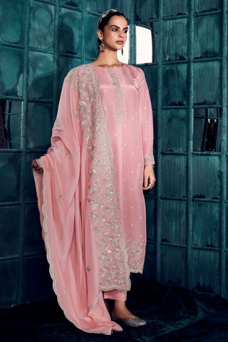 Art Silk Fabric Peach Color Party Style Elegant Embroidered Salwar Suit.