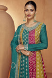 Delight Teal Color Embroidered Readymade Chinon Fabric Palazzo Salwar Kameez.