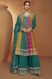 Delight Teal Color Embroidered Readymade Chinon Fabric Palazzo Salwar Kameez.