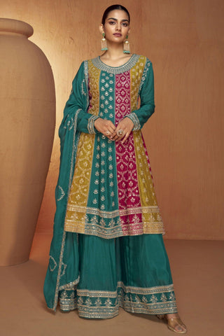 Delight Teal Color Embroidered Readymade Chinon Fabric Palazzo Salwar Kameez.