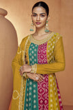 Chinon Fabric Embroidered Mustard Color Exclusive Readymade Palazzo Suit.