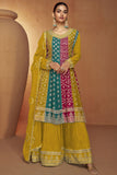 Chinon Fabric Embroidered Mustard Color Exclusive Readymade Palazzo Suit.