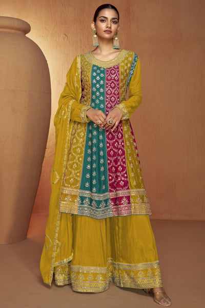 Chinon Fabric Embroidered Mustard Color Exclusive Readymade Palazzo Suit.