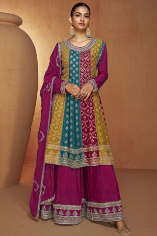 Heritage Magenta Color  Readymade Embroidered Palazzo Suit In Chinon Fabric.